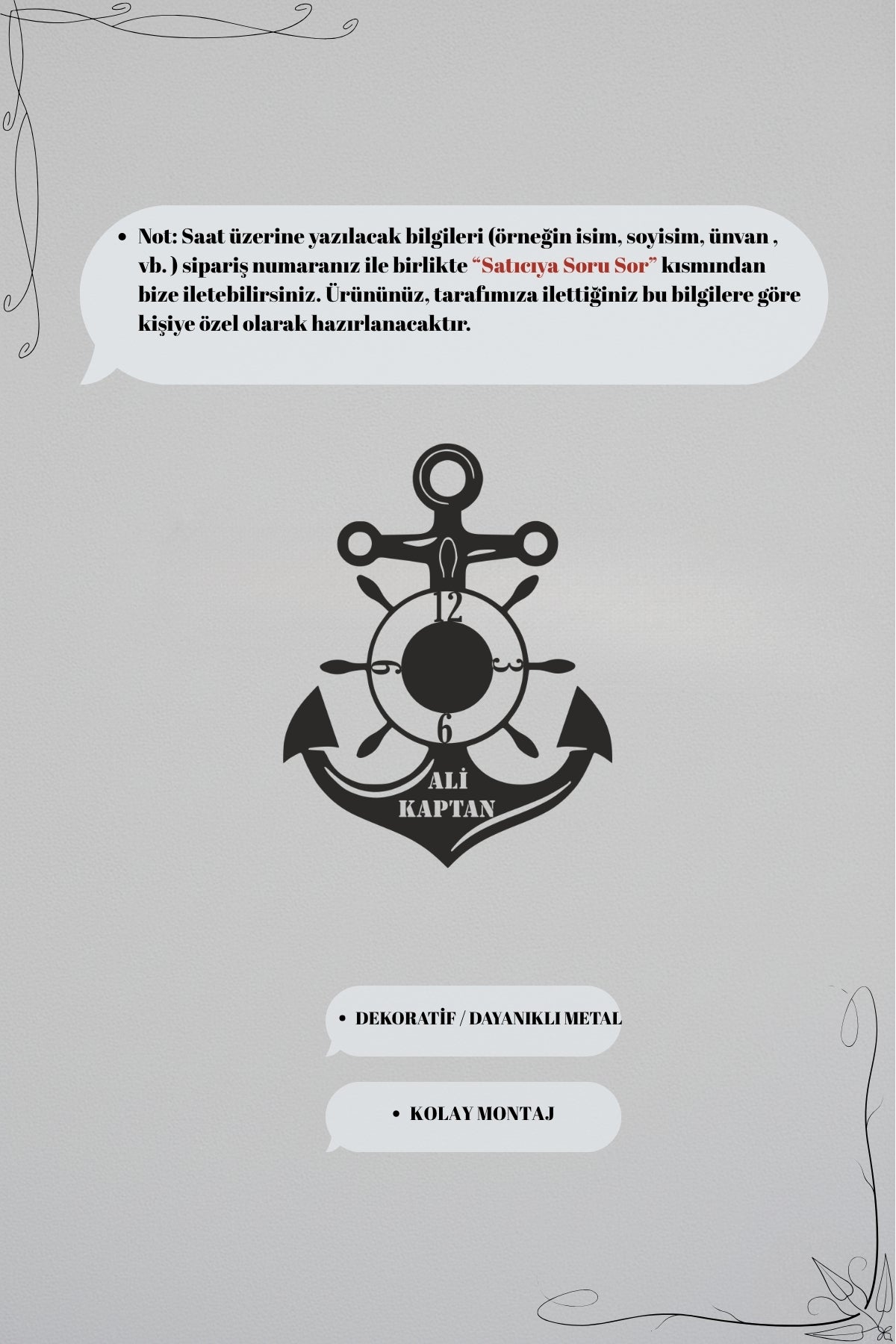 Kişiye Özel İsimli Çapa ve Dümen Tasarımlı Metal Duvar Saati