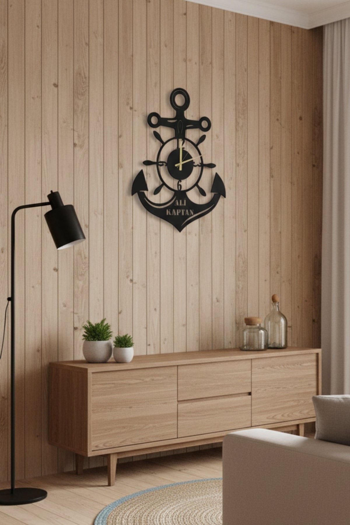 Kişiye Özel İsimli Çapa ve Dümen Tasarımlı Metal Duvar Saati