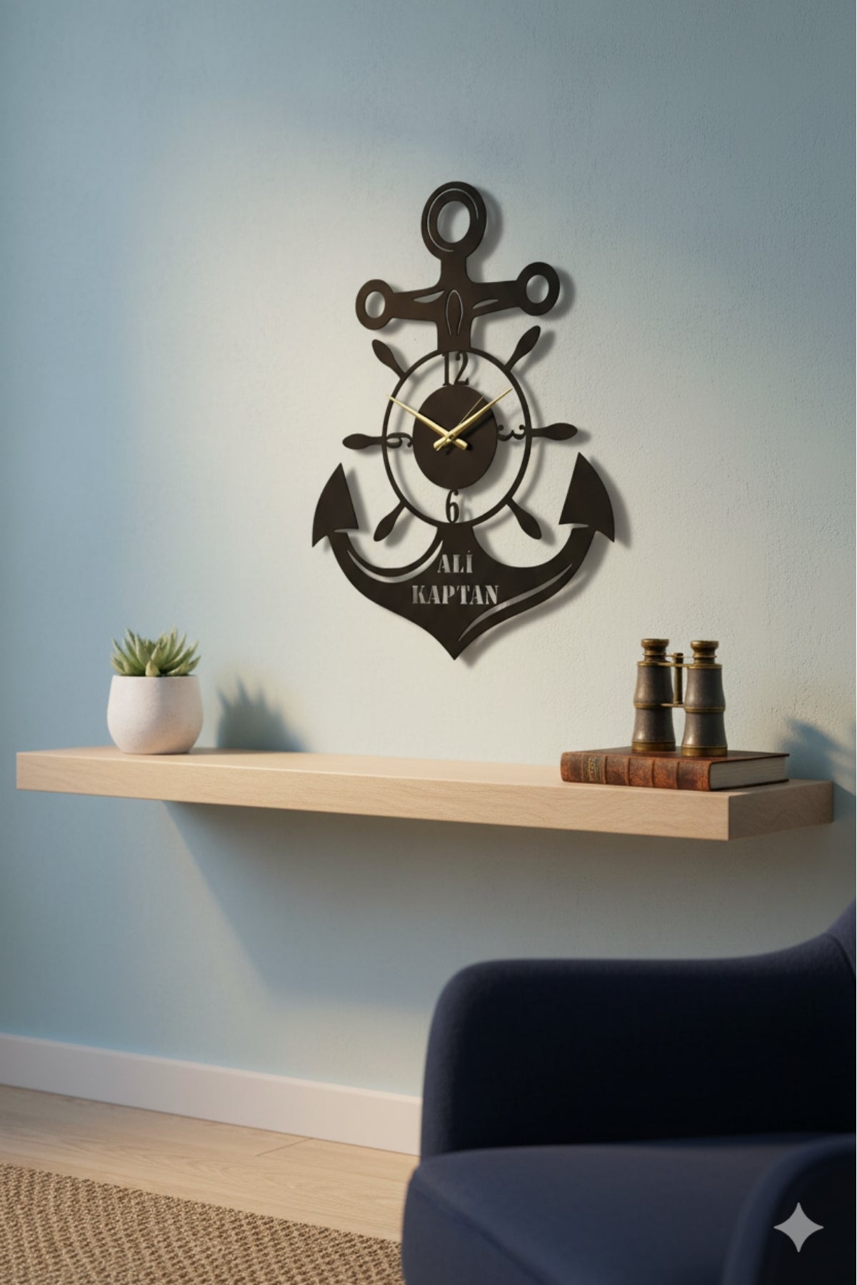 Kişiye Özel İsimli Çapa ve Dümen Tasarımlı Metal Duvar Saati