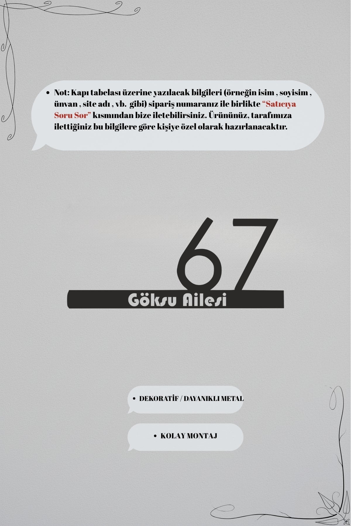 Metal Tasarım Kişiye Özel Kapı Numarası ve Aile İsmi Tabelası