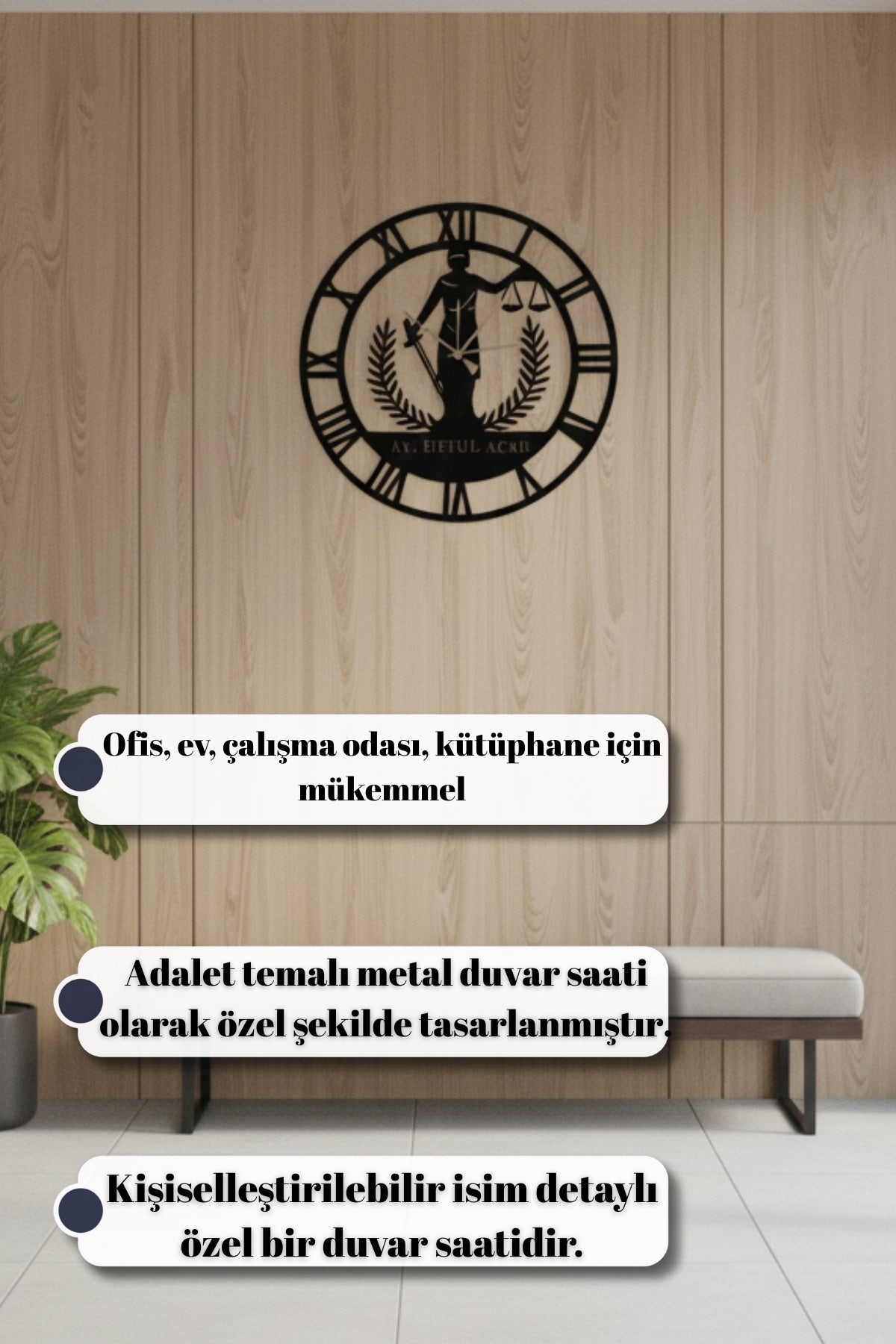Avukatlara Özel İsimli Metal Duvar Saati – Kişiye Özel Hukukçu Dekoru