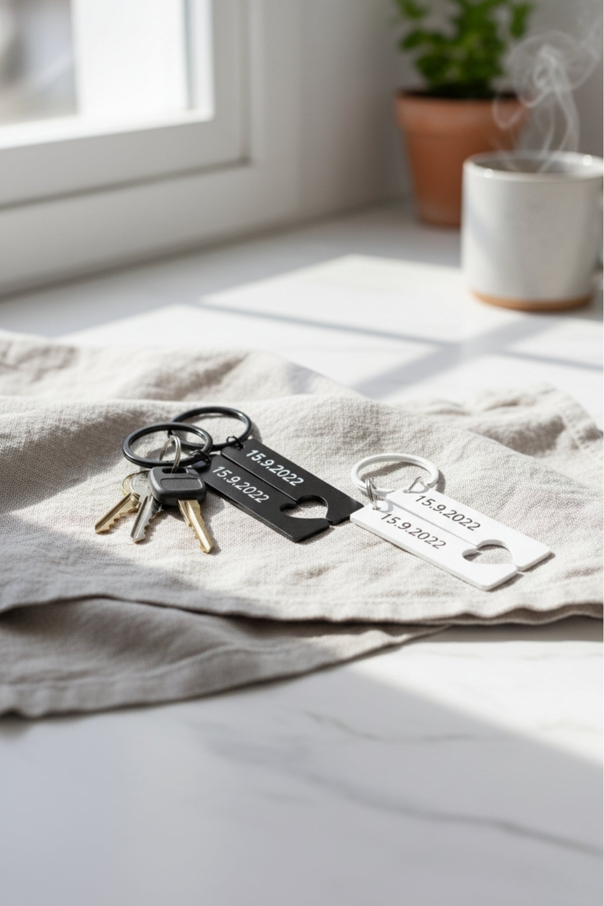 Kişiye Özel İsim ve Tarih Baskılı Puzzle Kalp Metal Anahtarlık Seti