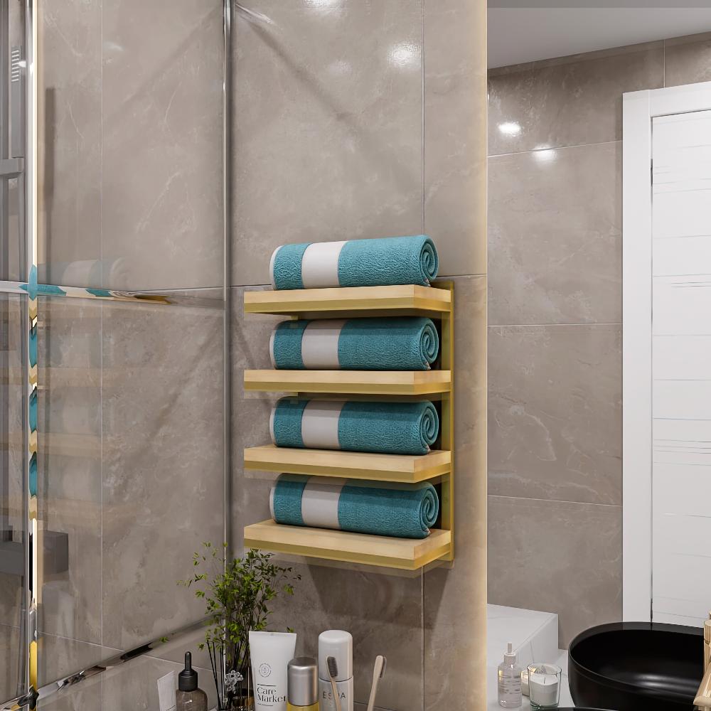 Şık, duvara monte ahşap raflı bir havluluğun yer aldığı modern bir banyo, düzenli rulo haline getirilmiş turkuaz havluları tutuyor ve çağdaş bir ortamda zarif, minimalist bir tasarımla tamamlanıyor.