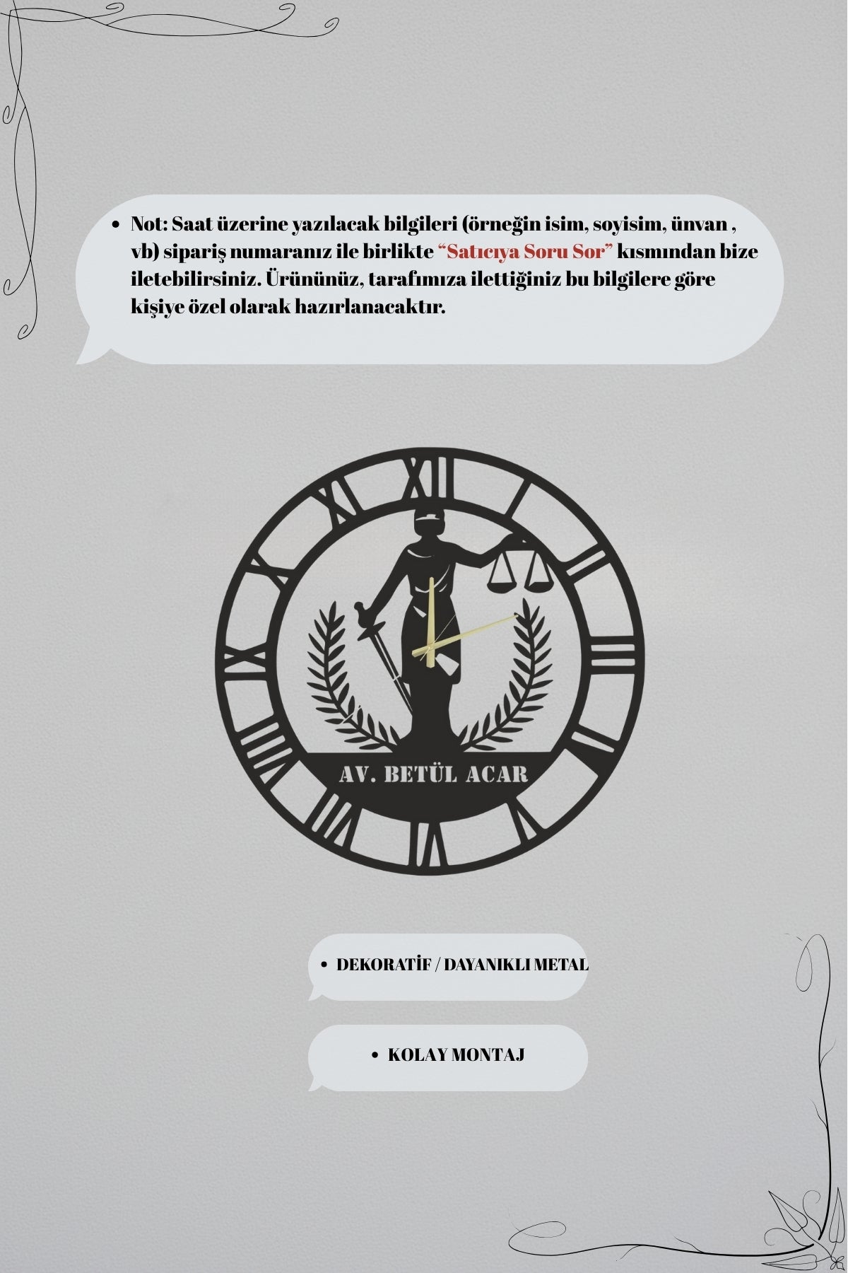 Avukatlara Özel İsimli Metal Duvar Saati – Kişiye Özel Hukukçu Dekoru