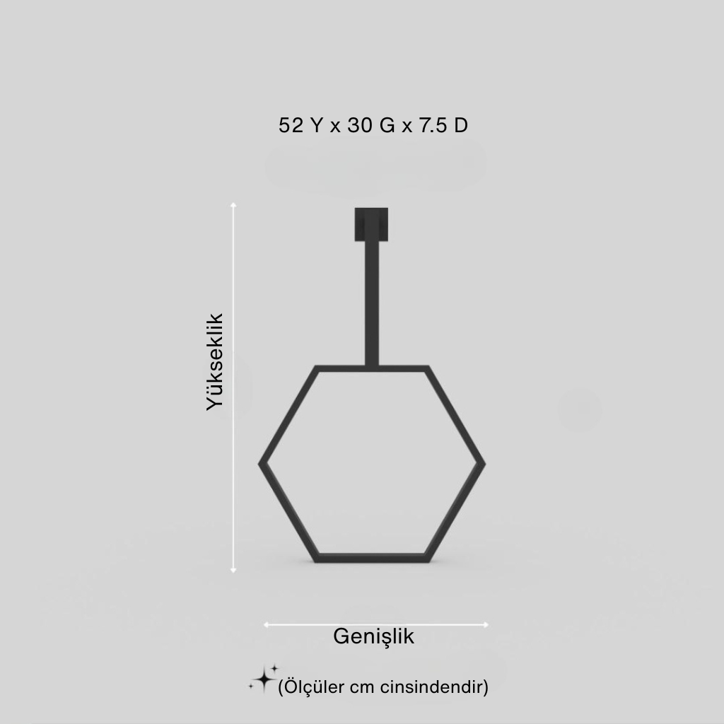 "Altıgen duvar tipi havlu askısı teknik çizim – 52 cm yükseklik, 30 cm genişlik, 7.5 cm derinlik ölçülerinde"