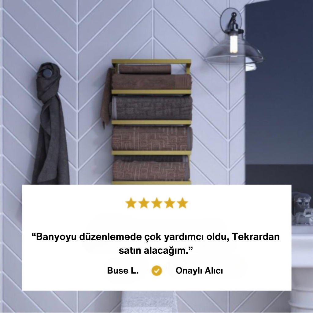 ltın renkli metal havluluk üzerine dizilmiş havlular ve müşteri memnuniyet yorumu görseli.