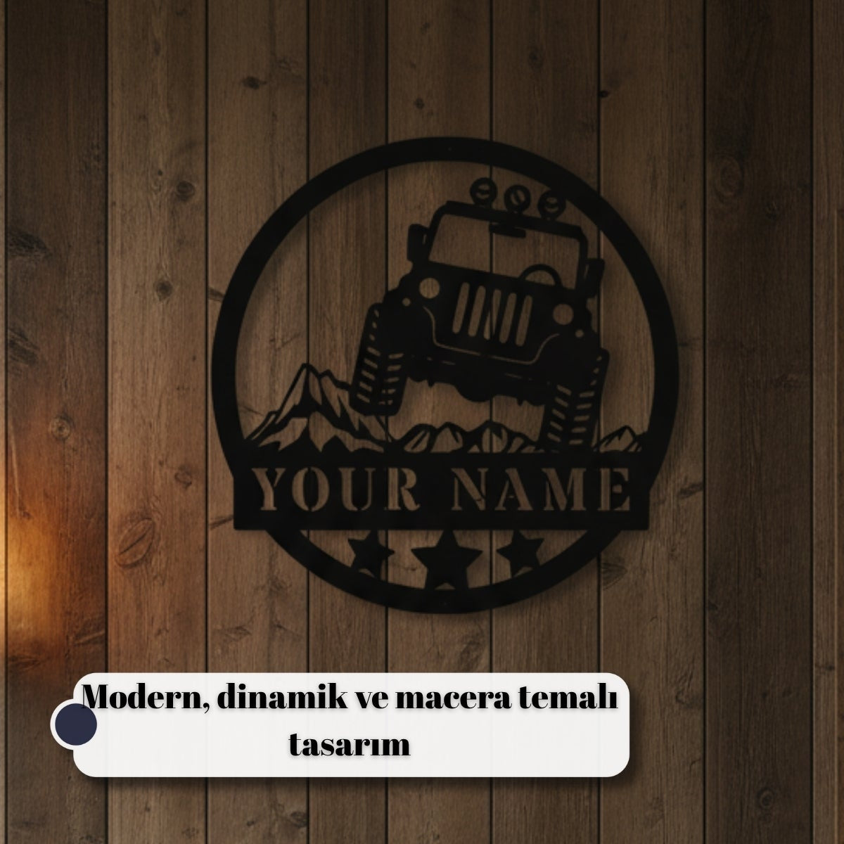 Off-road tutkunları için tasarlanmış jeep figürlü kişiye özel metal kapı ve duvar tabelası modeli.