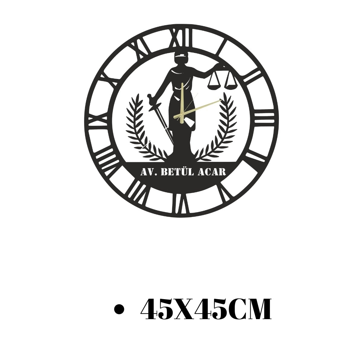 Adalet terazisi figürlü metal duvar saati için sunulan 45x45 cm ebat seçeneğini gösteren teknik ölçü bilgilendirme görseli.