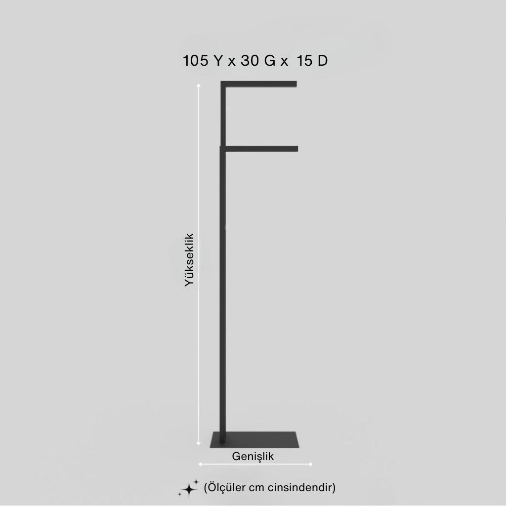 105 Y x 30 G x 15 D ölçülerinde, siyah metal ayaklı havluluk ürününün teknik çizimi gösterilmektedir. Görselde yükseklik, genişlik ve derinlik ölçüleri belirtilmiş ve “Ölçüler cm cinsindendir” ifadesi yer almaktadır.