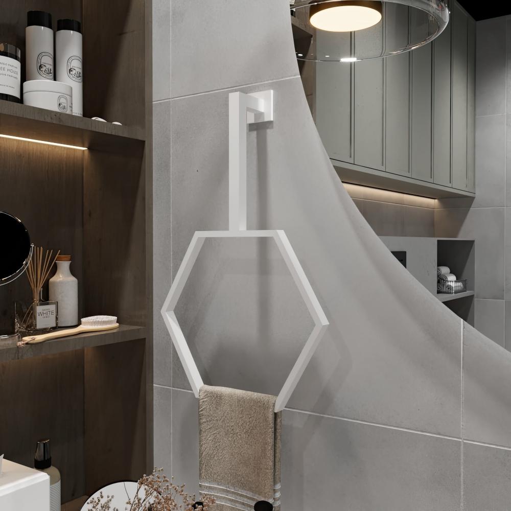 Nötr tonları ve zarif raf ünitesini tamamlayan, banyo dekoruna şık bir dokunuş katan beyaz tavana monte dikey bir havluluk içeren minimalist tasarımlı modern bir banyo.