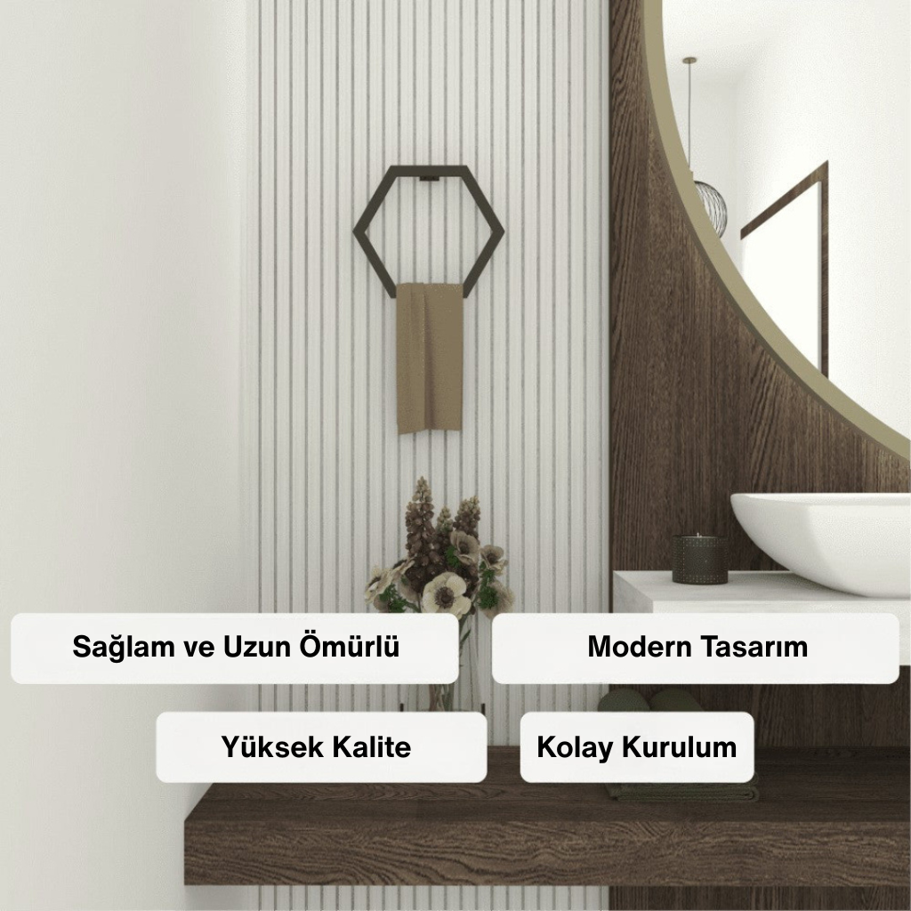 “Siyah altıgen metal havlu askılığıyla sade ve modern banyo tasarımı”
