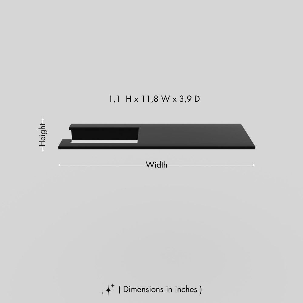 A black multifunctional bathroom shelf with a built-in toilet paper holder, measuring 1.1 inches in height, 11.8 inches in width, and 3.9 inches in depth, displayed on a plain gray background.