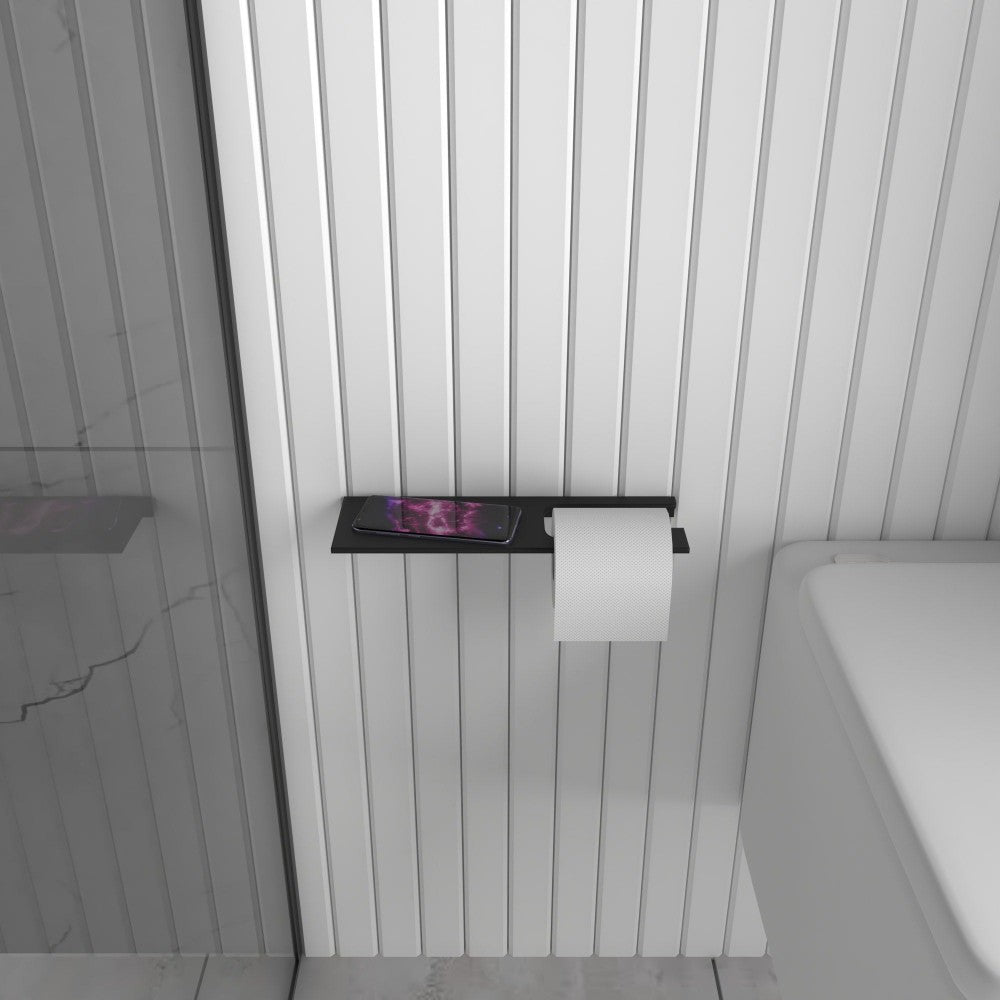 Tuvalet kağıdı tutuculu ve dekoratif amaçlı kullanılan çok işlevli bir banyo rafı.
