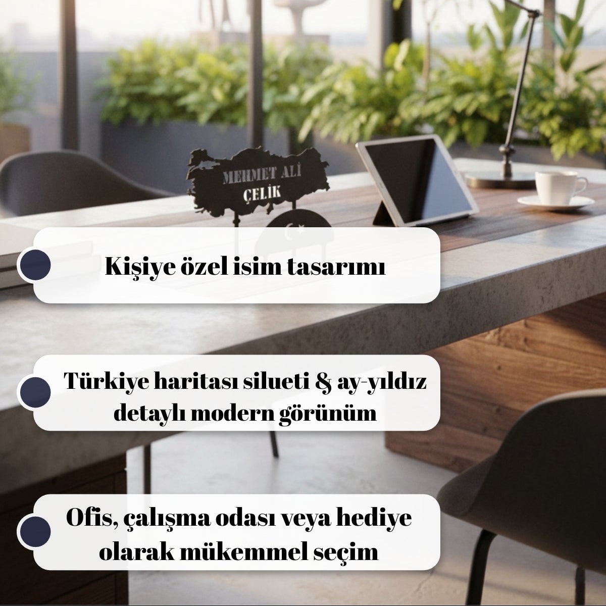 Avukatlar, doktorlar veya kamu çalışanları için isim yazılarak özelleştirilebilen, Türkiye temalı anlamlı ve kalıcı bir ofis hediyesi seçeneği.
