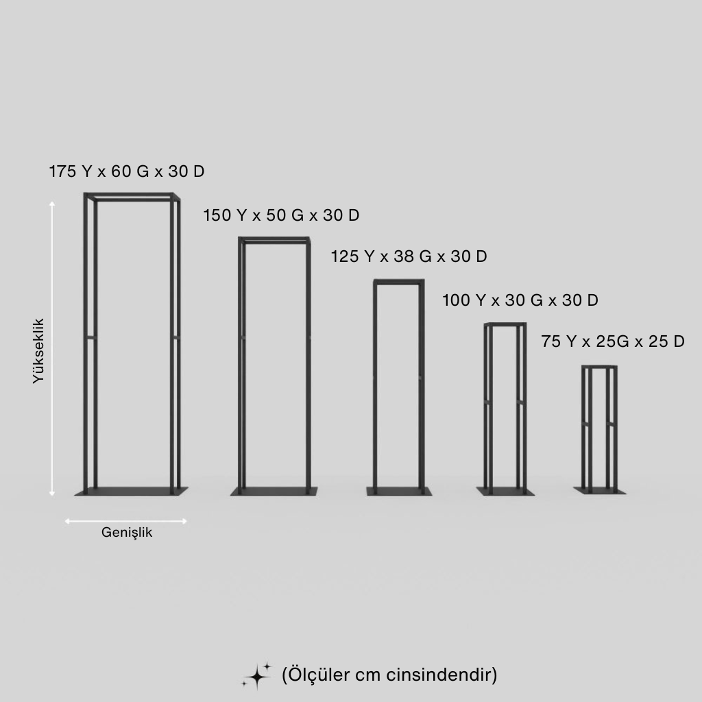 Farklı yüksekliklerde beş adet siyah metal dikey raf/odunluk çerçevesi setinin ölçü çizimi. Cm cinsinden boyutlar listesi: 175x60x30, 150x50x30, 125x38x30, 100x30x30 ve 75x25x25.