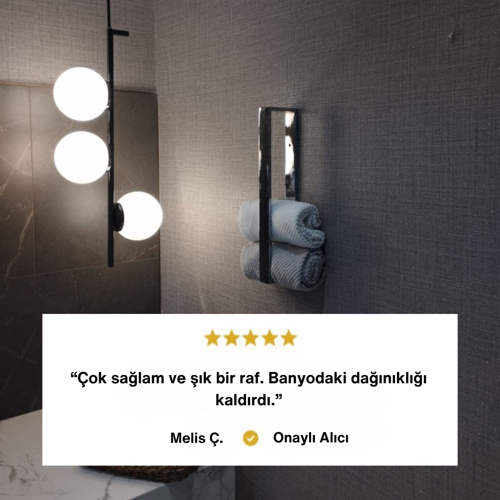 "Duvara monte metal havlu rafı ile düzenli ve şık banyo görünümü, kullanıcı yorumu”