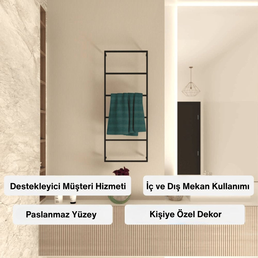 Duvara monte edilmiş siyah metal havluluk üzerinde yeşil bir havlu asılıdır. Ürün özellikleri olarak “Destekleyici Müşteri Hizmeti”, “İç ve Dış Mekan Kullanımı”, “Paslanmaz Yüzey” ve “Kişiye Özel Dekor” ifadeleri öne çıkarılmıştır.