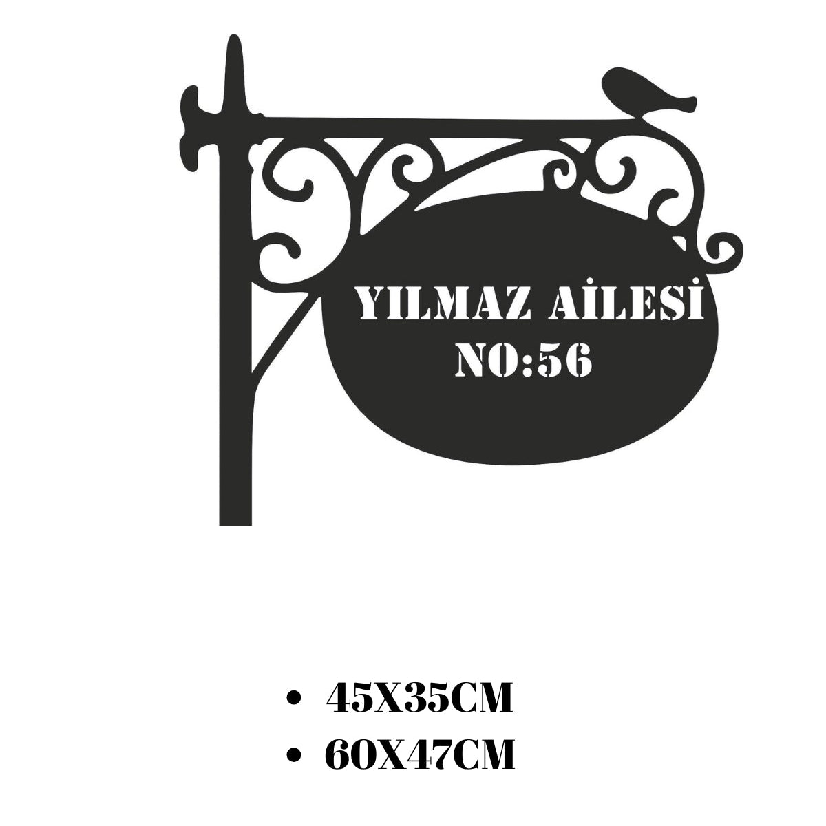 Kuş figürlü ve ferforje askılı metal adres tabelası için sunulan 45x35 cm ve 60x47 cm ebat seçeneklerini gösteren teknik ölçü görseli.