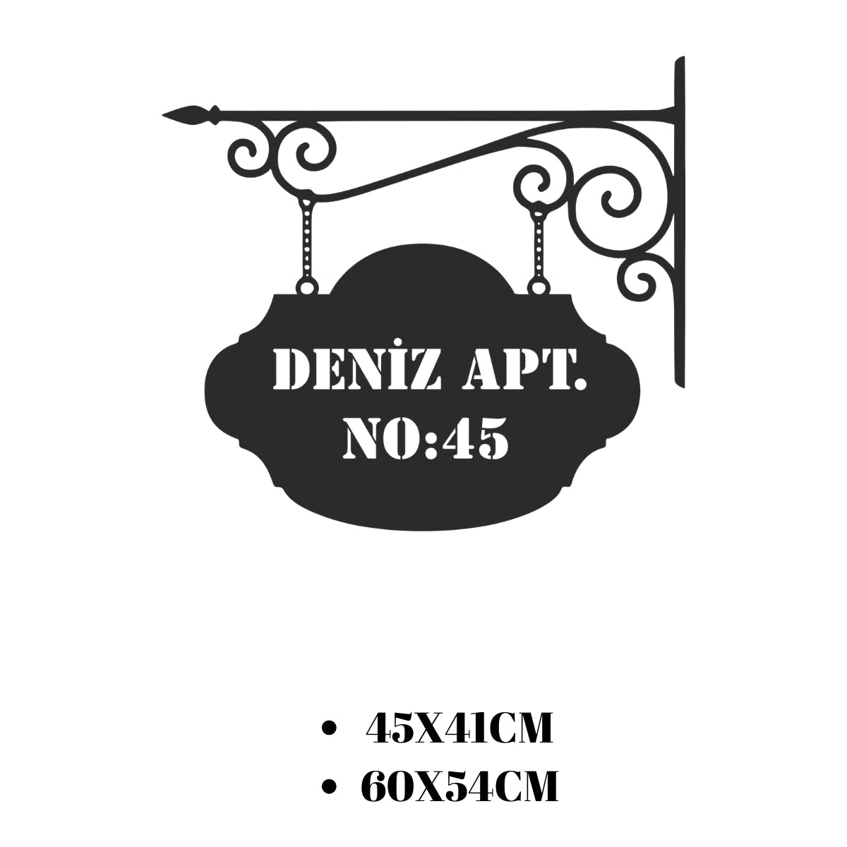 Zincirli askı düzeneğine sahip metal adres tabelası için sunulan 45x41 cm ve 60x54 cm ebat seçeneklerini gösteren teknik ölçü tablosu.