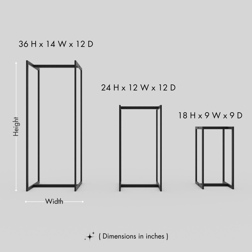 A size comparison chart of three black metal firewood rack frames with dimensions in inches displayed. The sizes range from the largest, 36 H x 14 W x 12 D, to the smallest, 18 H x 9 W x 9 D, shown on a light gray background.