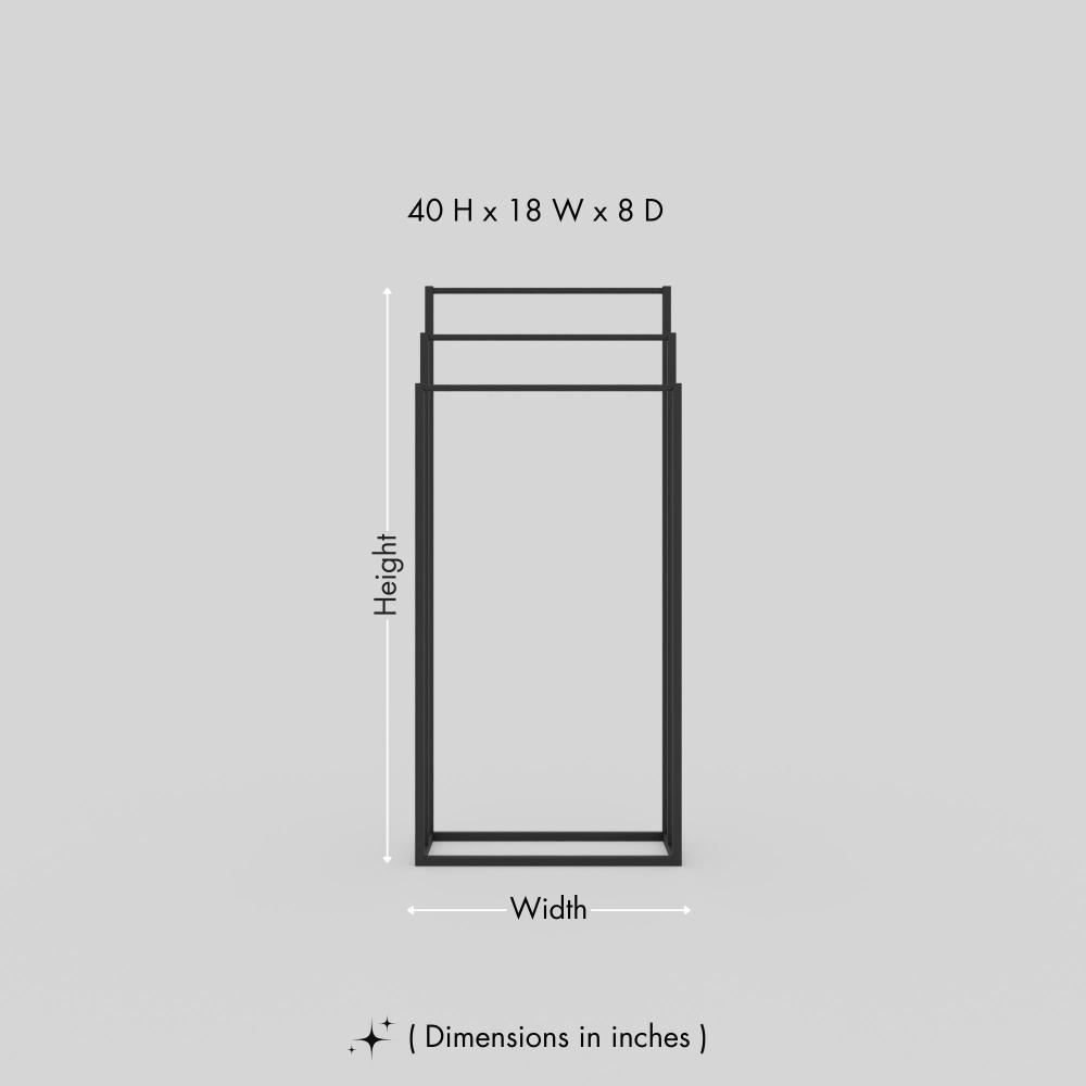 Dimensions of the free-standing towel rack displayed on a plain background, measuring 40 inches in height, 18 inches in width, and 8 inches in depth.