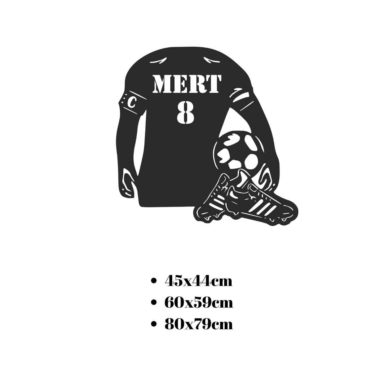 İsme özel futbolcu forması tasarımlı metal duvar dekoru için sunulan 45x44 cm, 60x59 cm ve 80x79 cm ebat seçeneklerini gösteren ölçü tablosu.