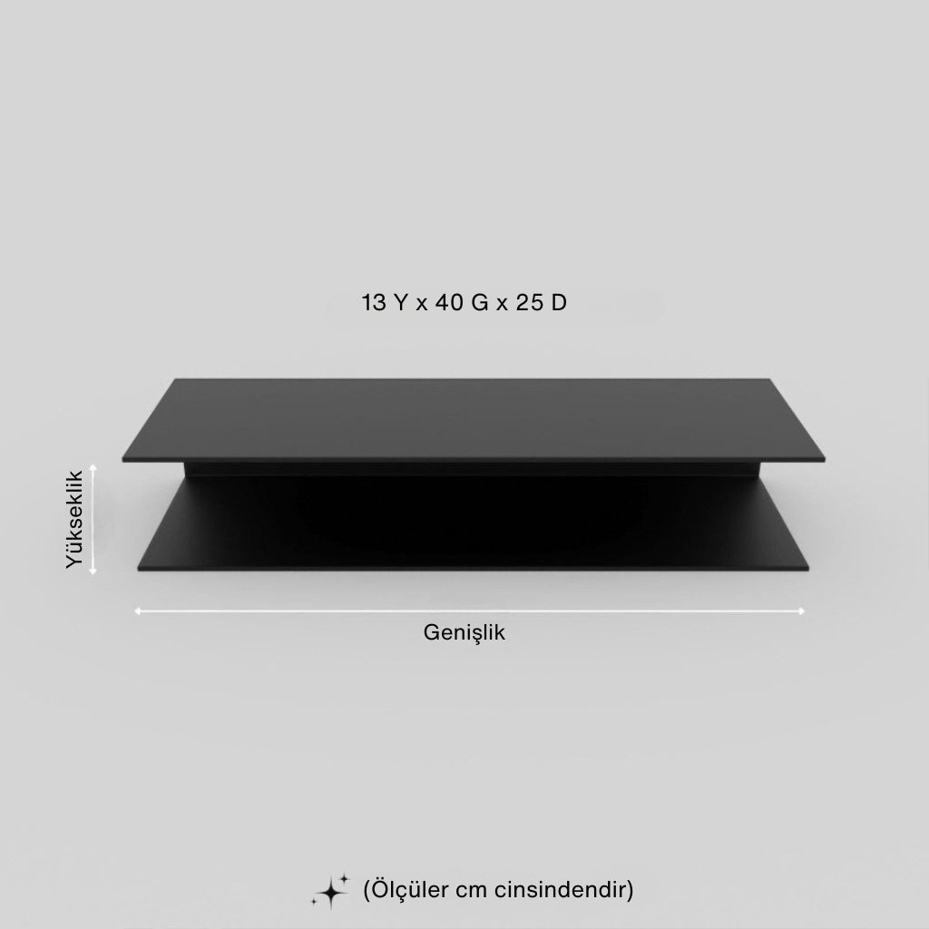 Siyah metal duvara monte tek katlı raf ölçüleriyle birlikte sade arka plan üzerinde 13 Y x 40 G x 25 D ölçüler ile gösterilmektedir.
