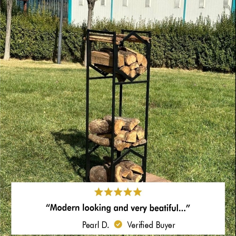 Hexagonal metal log storage rack outdoors on grass, with stacked wood across two tiers. A 5-star review below reads: 'Modern looking and very beautiful...' by Pearl D., a verified buyer