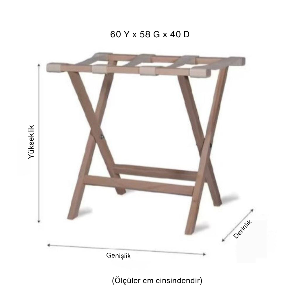 Katlanır ahşap bavul/valiz standının ölçü çizimi. Cm cinsinden boyutları: 60 Yükseklik x 58 Genişlik x 40 Derinlik.