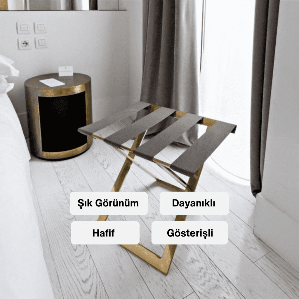 Şık ve gösterişli görünüme sahip, dayanıklı ve hafif yapıda, gold (altın) renkli metal katlanabilir valizlik veya yan sehpa.
