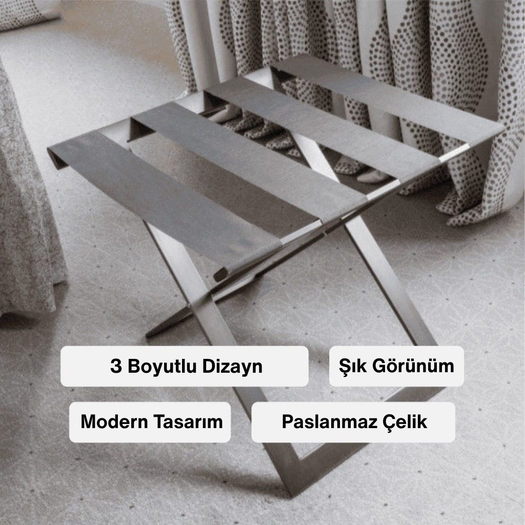 Modern tasarımlı, şık görünümlü, paslanmaz çelikten üretilmiş ve 3 boyutlu dizayna sahip katlanabilir valizlik veya yan sehpa.