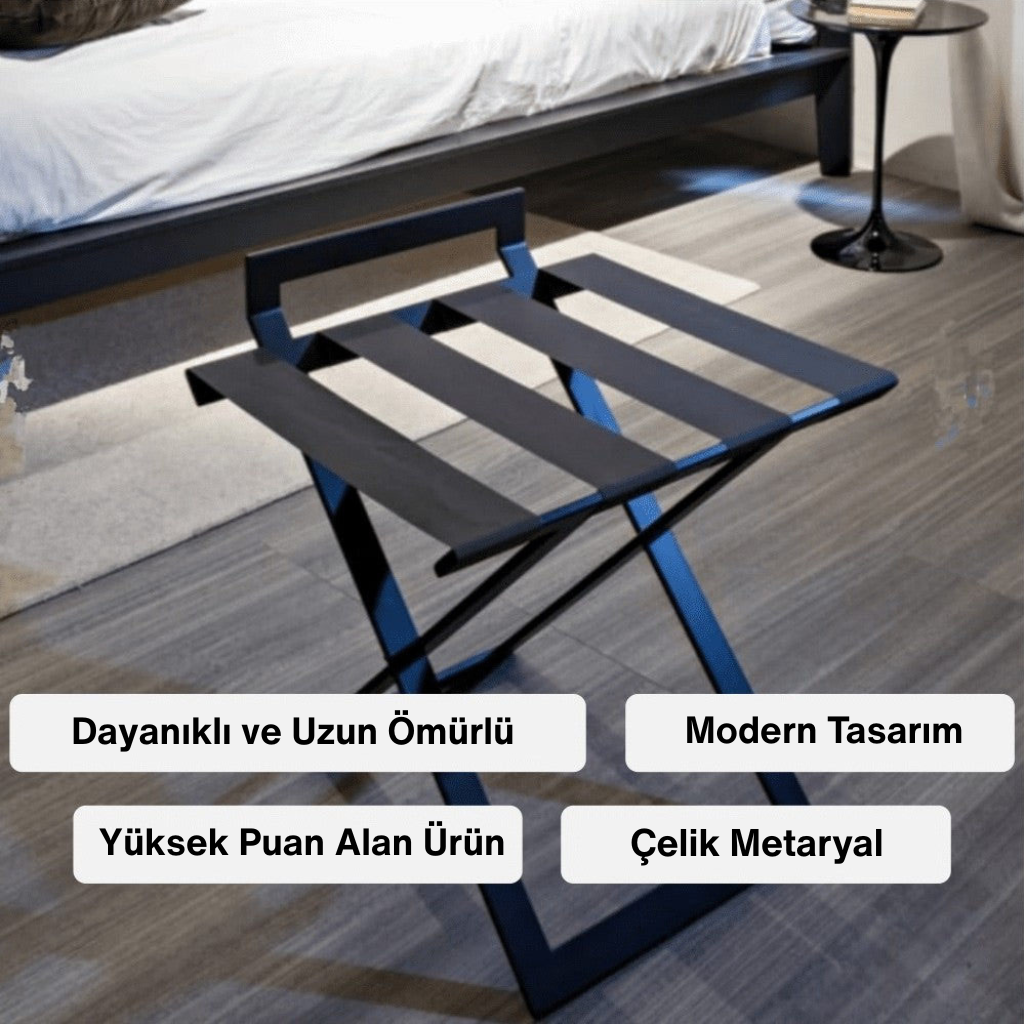 Modern tasarımlı, dayanıklı ve uzun ömürlü, çelik metaryalden üretilmiş yüksek puan alan siyah renkli katlanabilir valizlik veya yan sehpa.