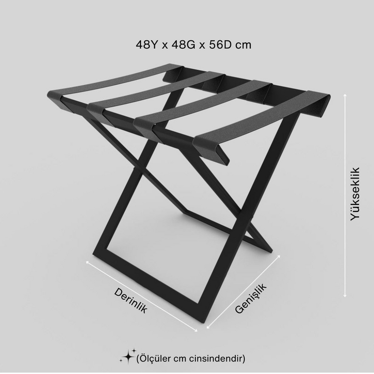 “48×48×56 cm ölçülerinde siyah metal katlanır valizlik sehpa, dayanıklı çapraz ayaklı tasarım ve valiz taşıma için uygun geniş kayış yüzeyli yapı.”