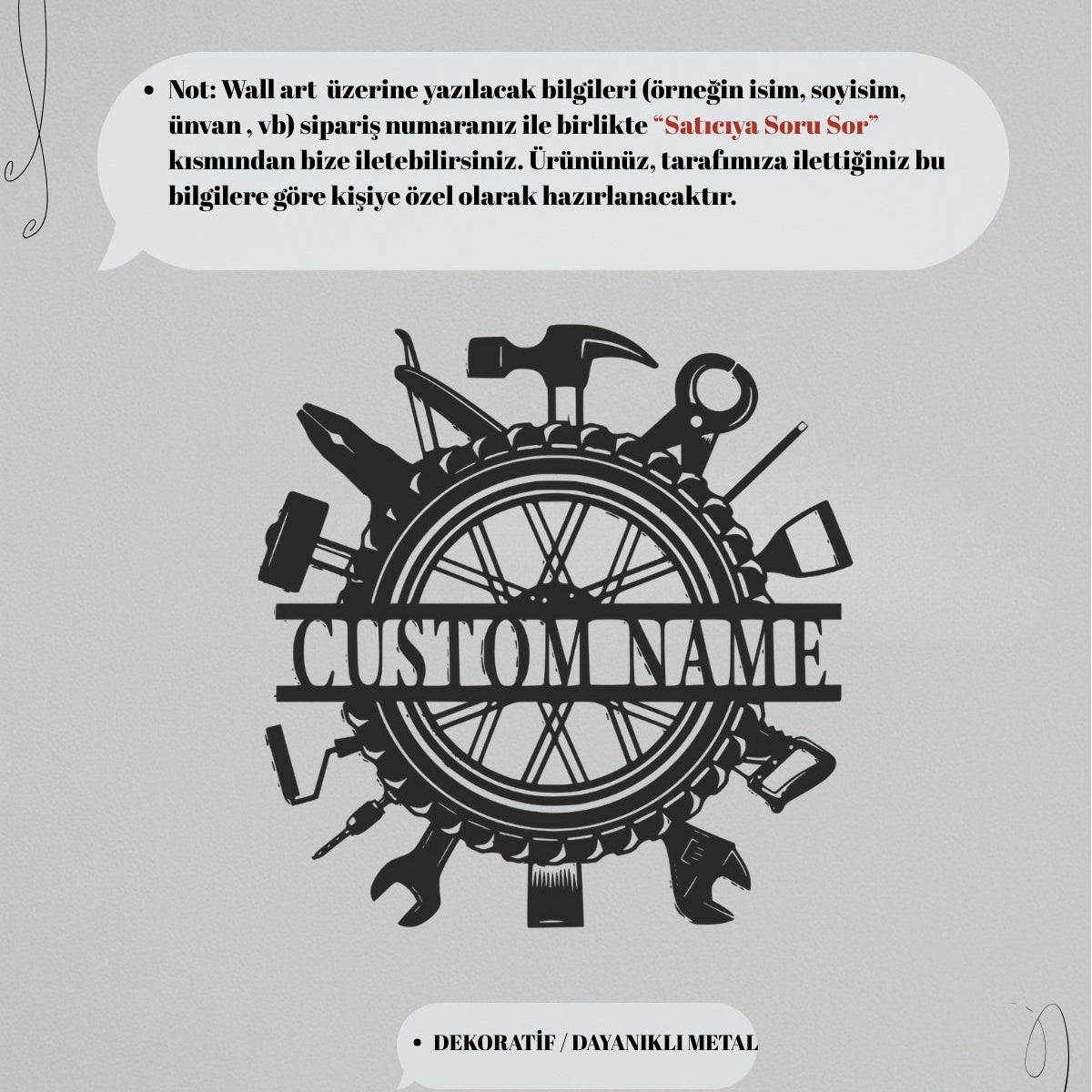 Panonun ortasındaki "Custom Name" alanına yazılacak isim veya işletme bilgilerinin satıcıya soru sor kısmından iletilmesi gerektiğini belirten kişiye özel tasarım bilgi görseli.