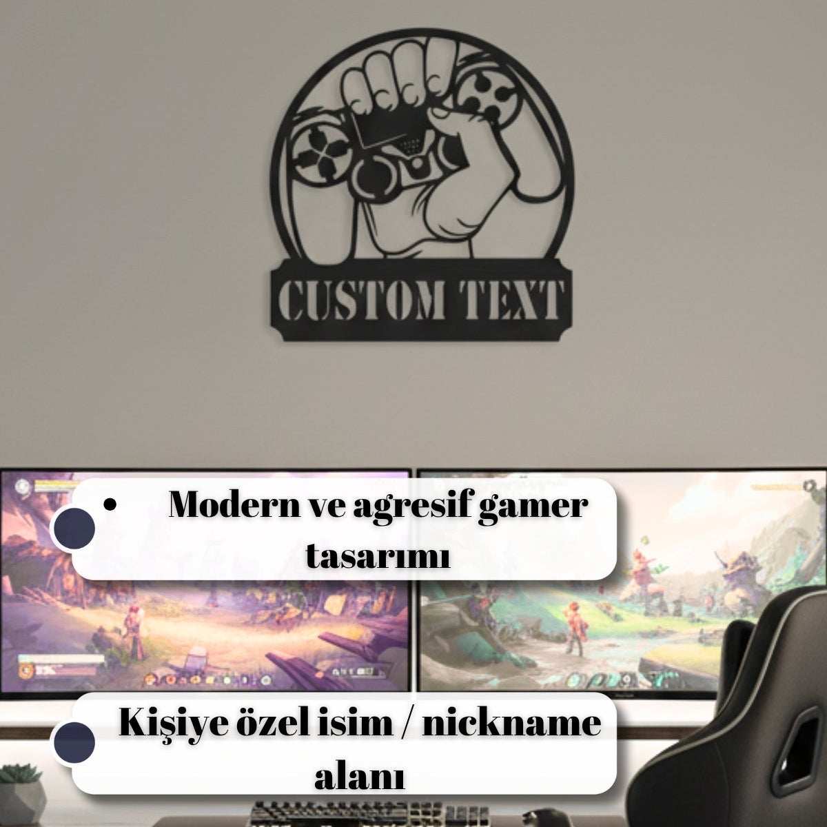 Siyah metal lazer kesim oyuncu odası dekorasyonu.