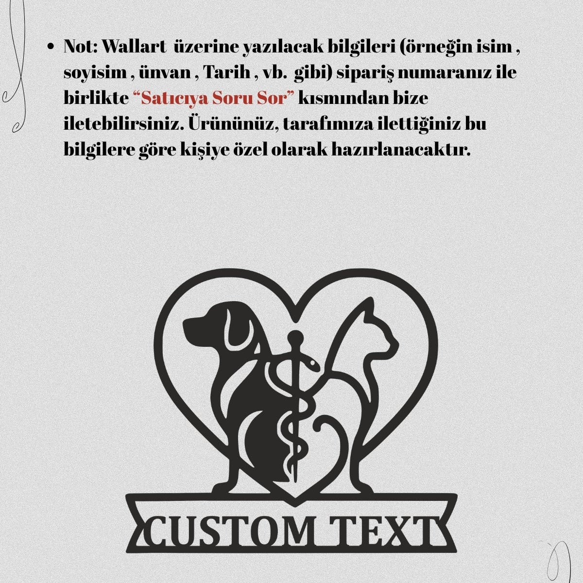 Metal tabela üzerine yazılacak klinik ismi veya hekim adının satıcıya soru sor alanı üzerinden iletilmesi gerektiğini belirten bilgi görseli.