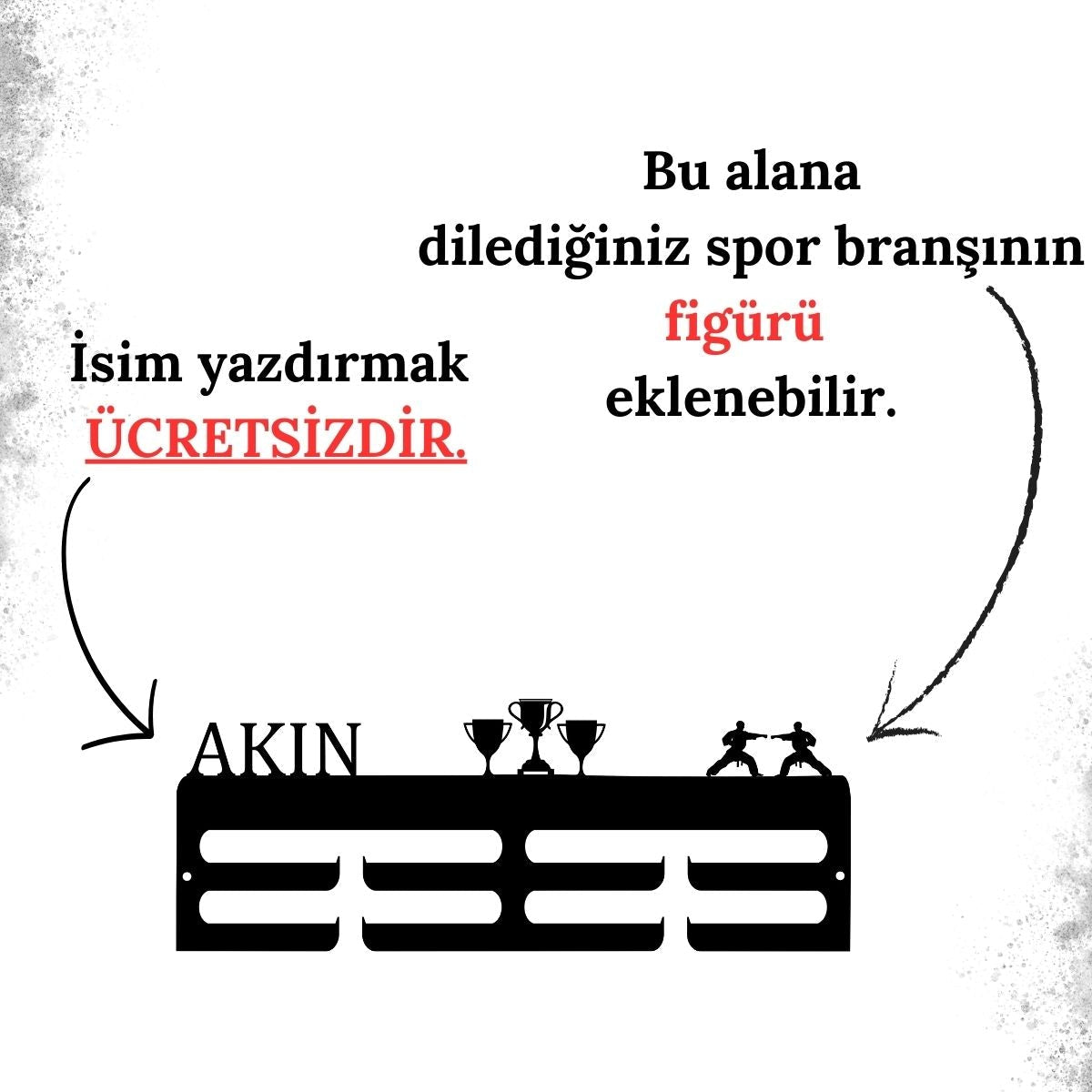 İsim yazdırmanın ücretsiz olduğu, kişiye özel tasarlanabilen metal madalya askısı.