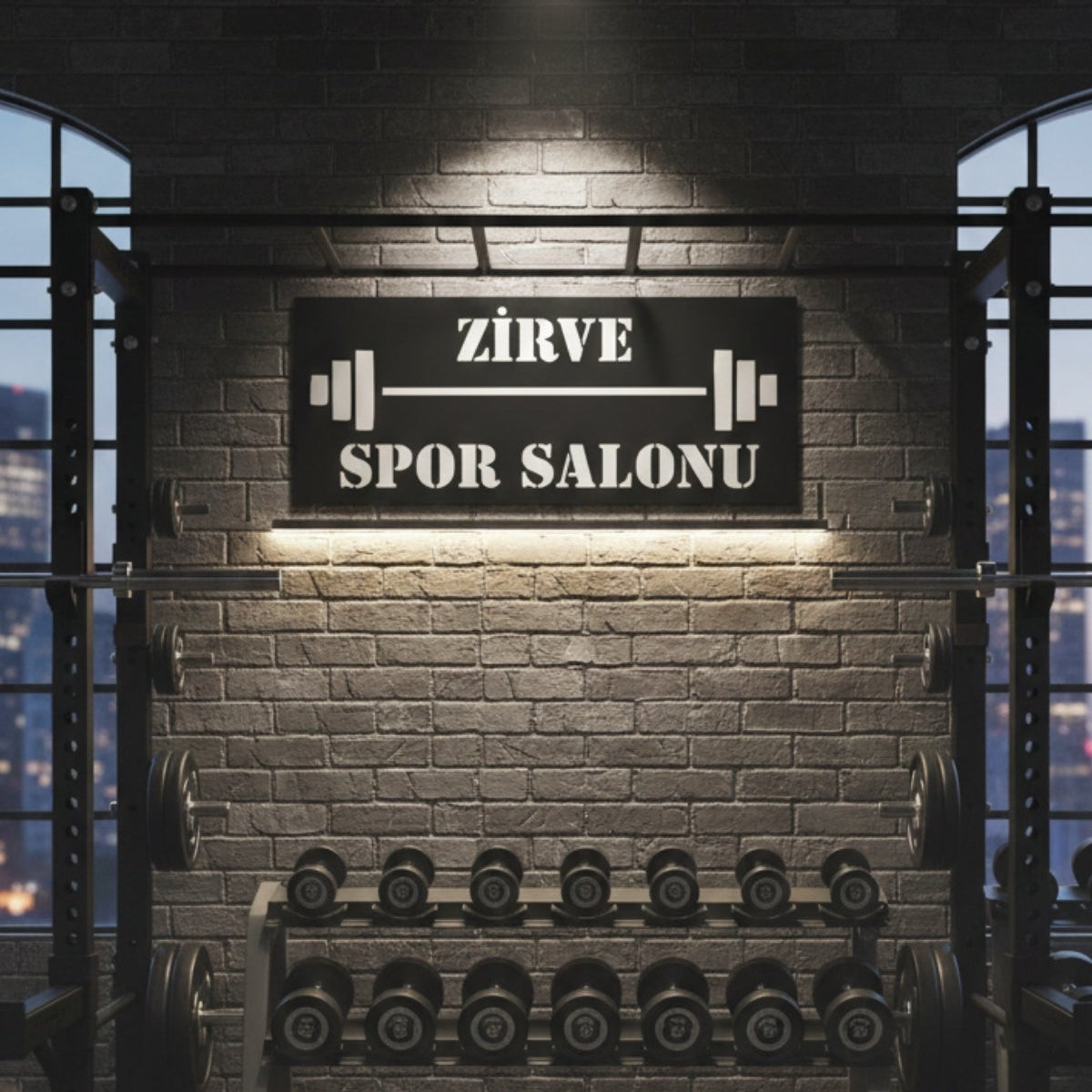 1.5 mm kalınlığında çelikten üretilen, spor salonu ortamındaki neme dayanıklı mat siyah elektrostatik boyalı lazer kesim metal dekoratif levha.