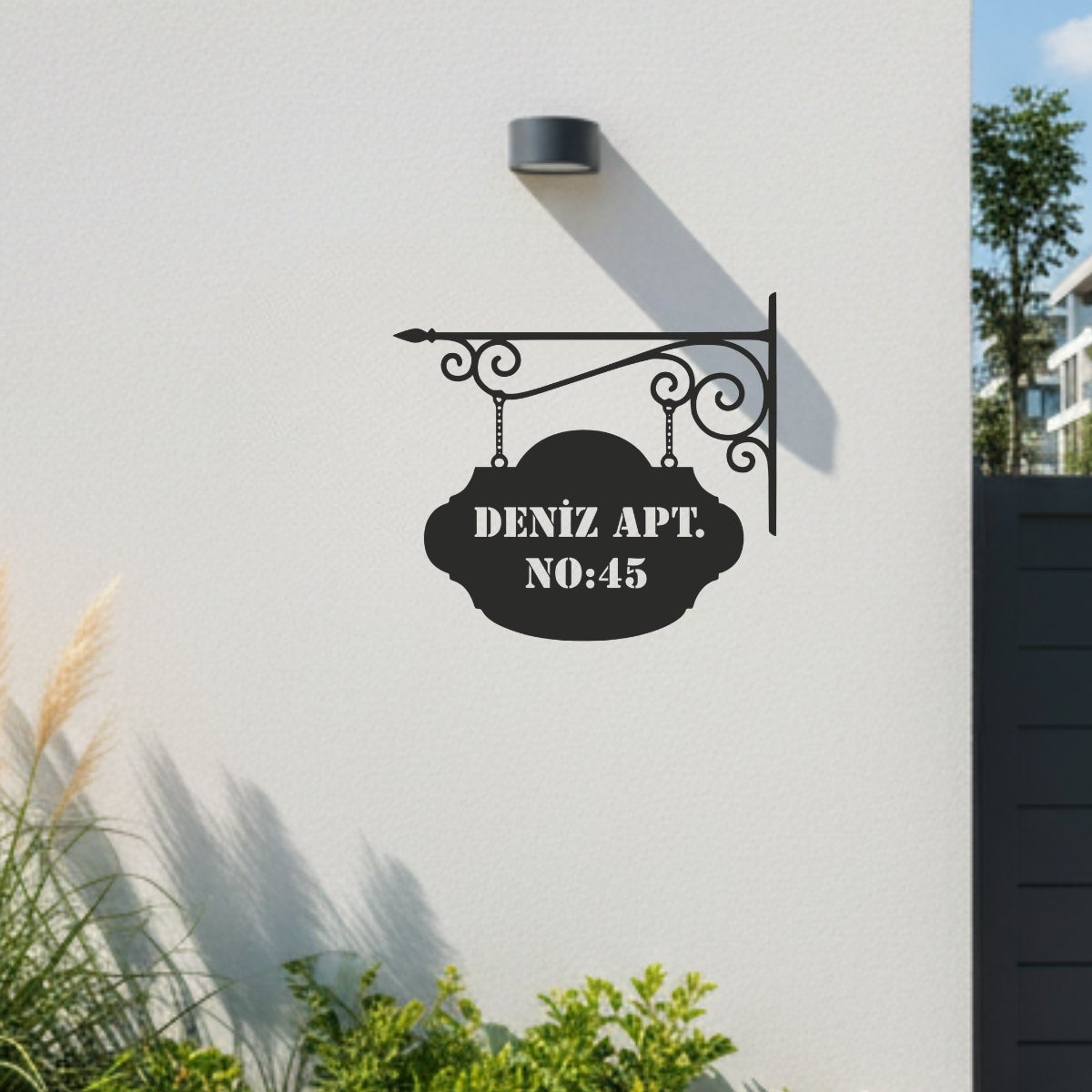 Dış hava koşullarına ve korozyona dayanıklı, mat siyah elektrostatik boyalı lazer kesim metal apartman giriş tabelası.