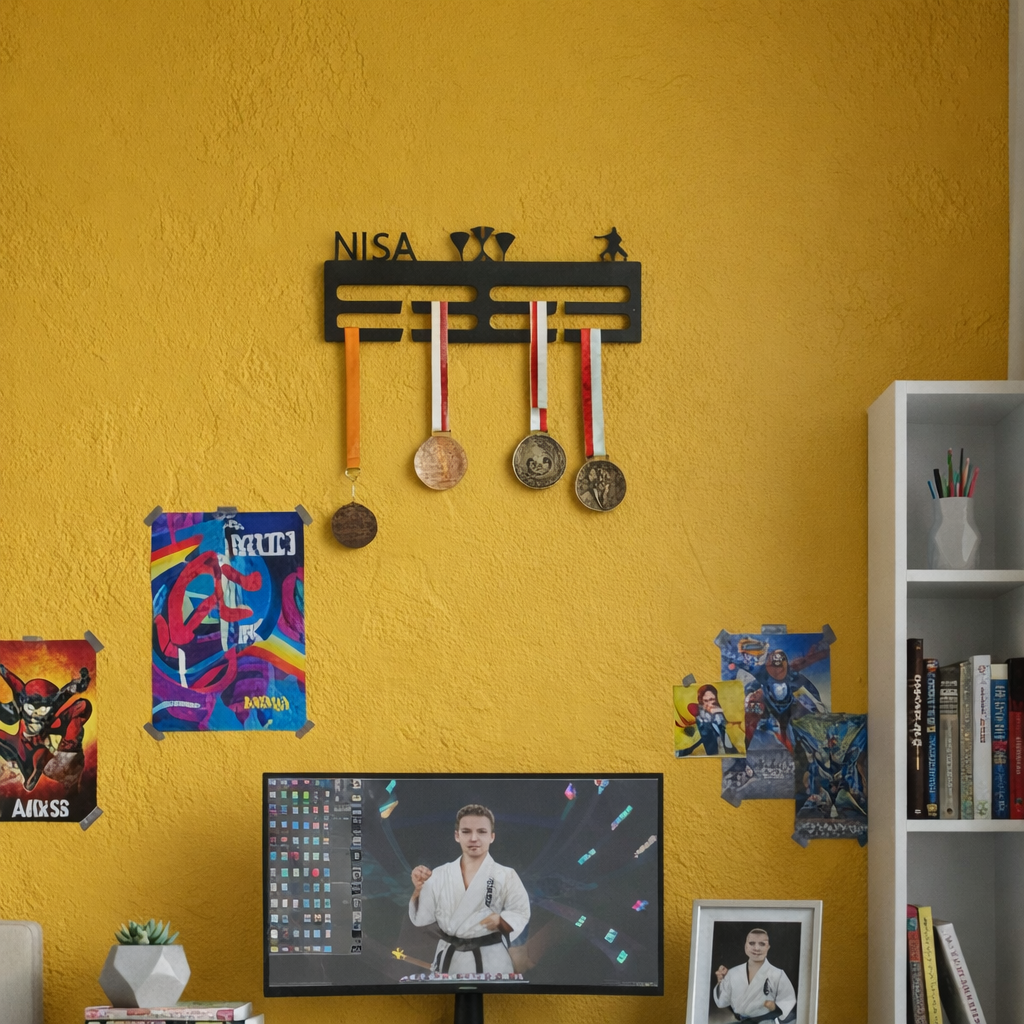 Lazer kesim siyah metal malzemeden üretilen, isme özel tasarım madalya ve askılığı.