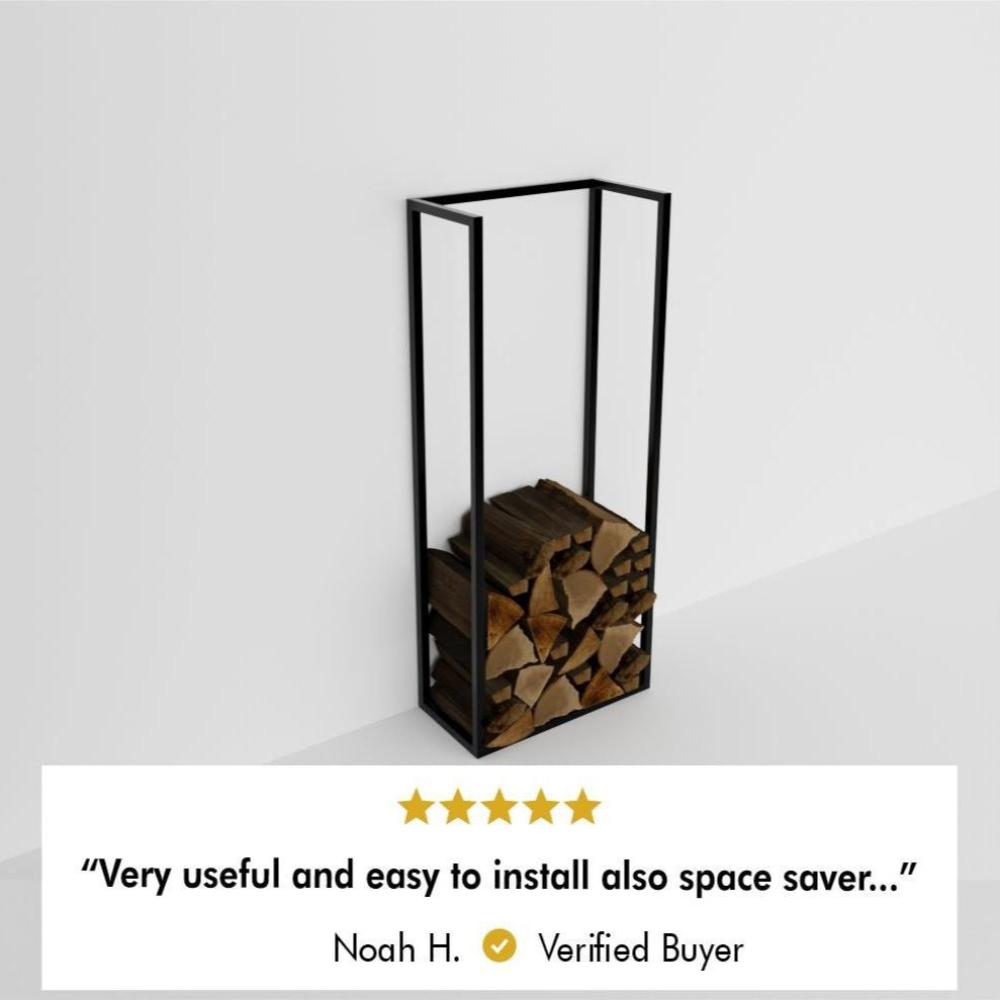 A black metal firewood rack with logs inside is against a plain wall. Below is a five-star review mentioning its usefulness, ease of installation, and space-saving qualities by a verified buyer.