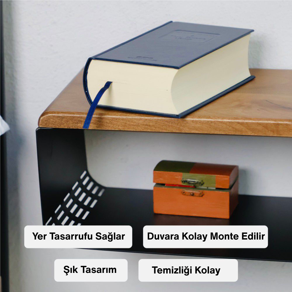 Şık tasarımlı, yer tasarrufu sağlayan duvara kolay monte edilen komodin detayı. Ahşap üst yüzey ve çizgili siyah metal alt bölüm. Ürünün temizliği kolaydır.
