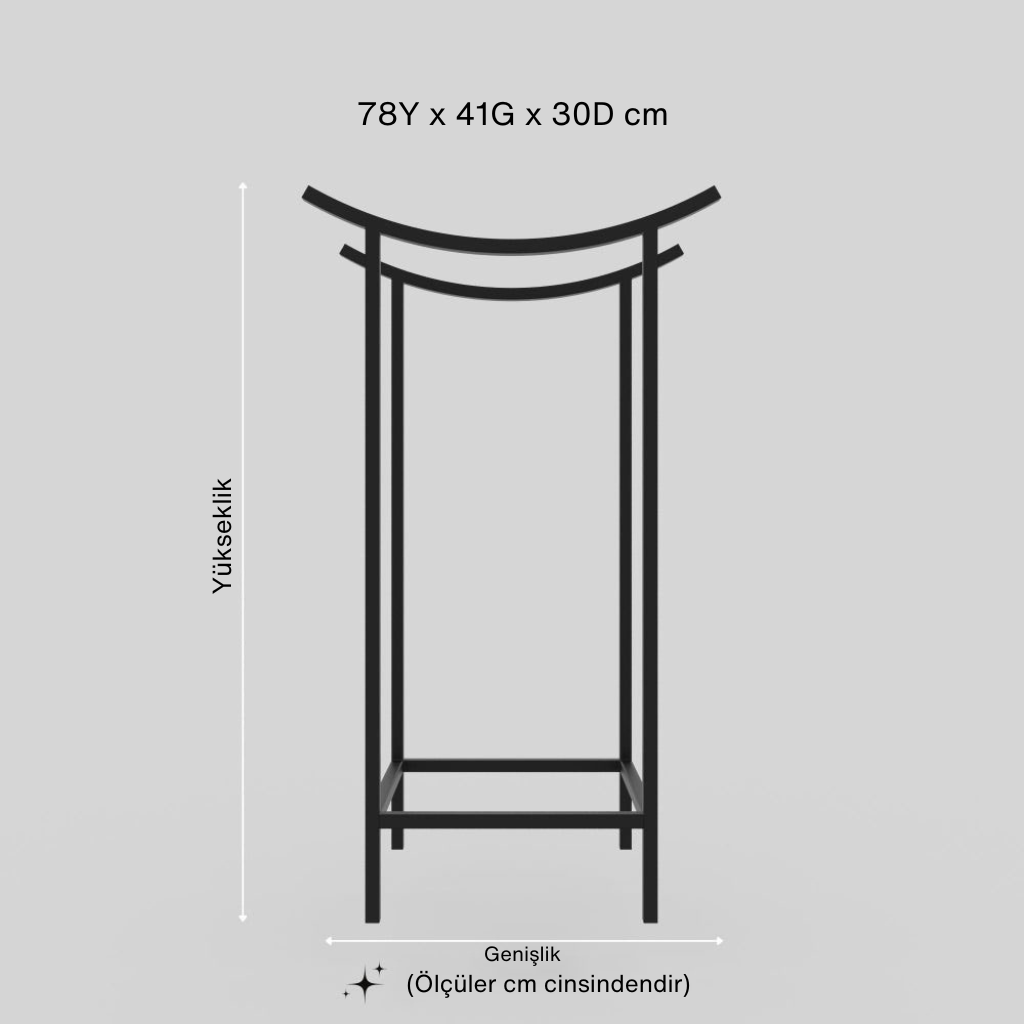 Siyah metal, kavisli tasarımlı ayakkabılık veya askılığın santimetre cinsinden temel ölçülerini (Yükseklik: 78 cm, Genişlik: 41 cm, Derinlik: 30 cm) gösteren teknik çizim.