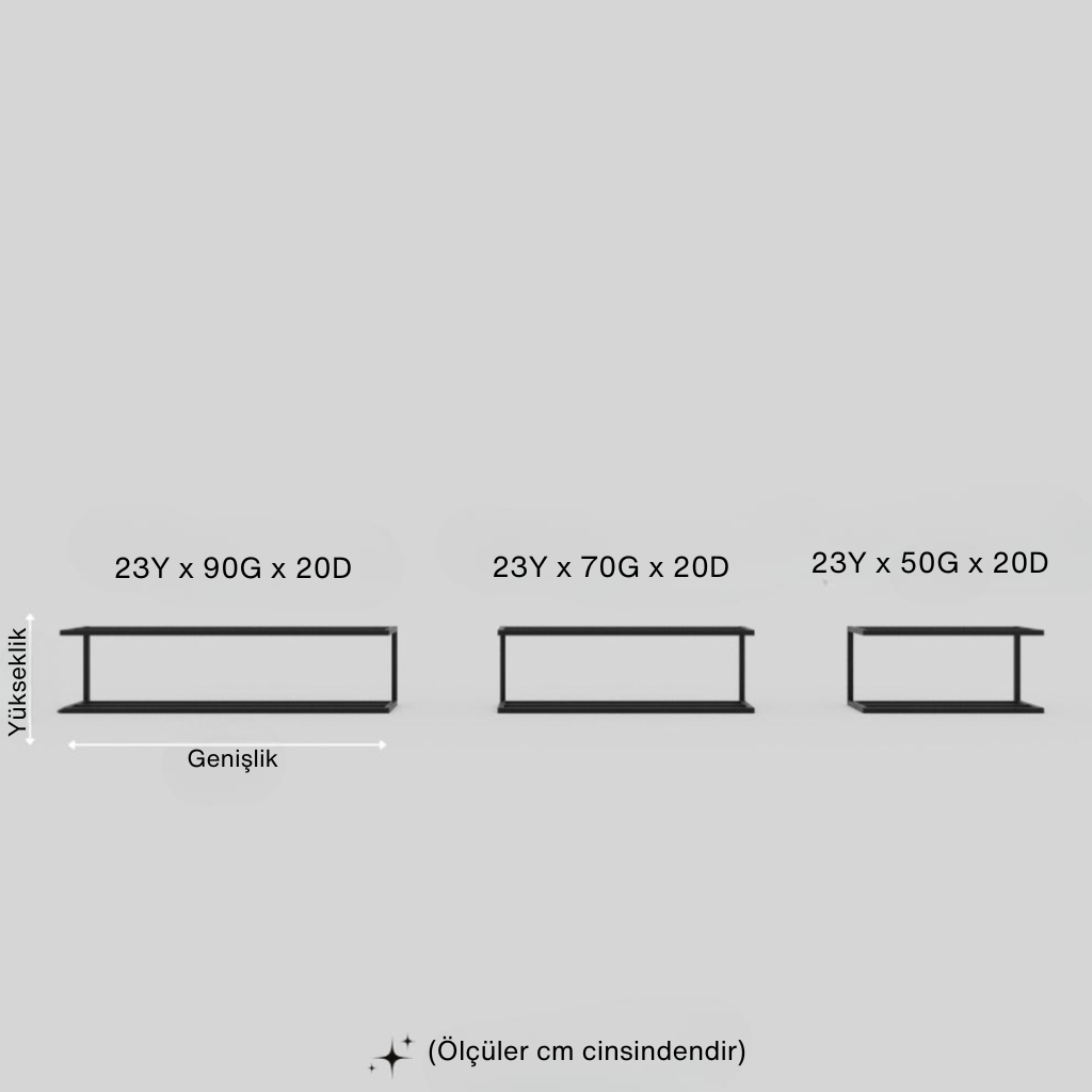 "Farklı boyut seçenekleriyle sunulan siyah metal ayakkabılık modellerinin teknik ölçüleri ve boyut görseli.