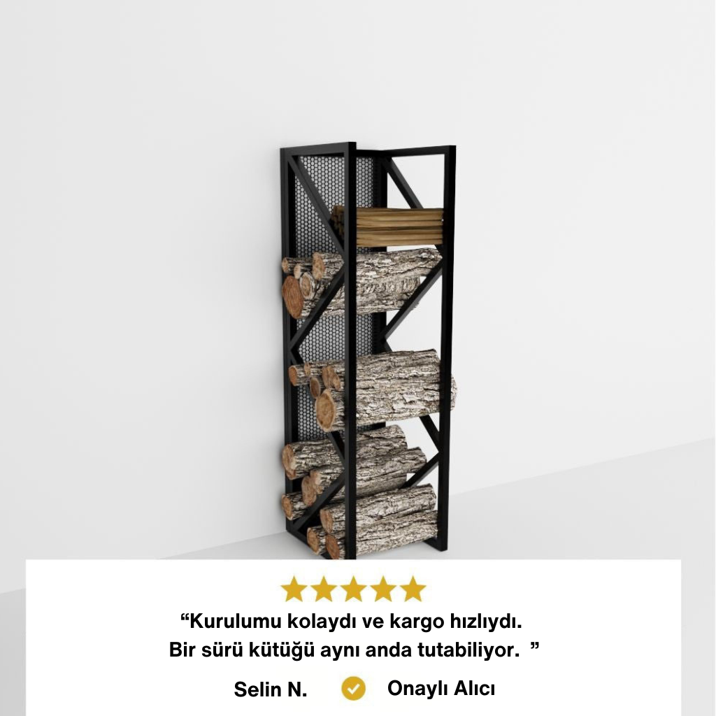 Siyah metal dikey odunluk rafı. Sağa eğimli geometrik tasarımlı, kütük depolama standı. Alt kısımda Selin N. adlı Onaylı Alıcı yorumu: "Kurulumu kolaydı ve kargo hızlıydı."