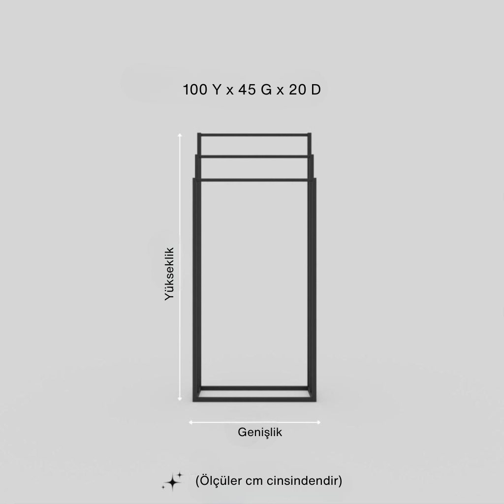 Modern siyah metal havlu askılığı ölçü görseli – 100 cm yükseklik, 45 cm genişlik, 20 cm derinlikte minimalist dikdörtgen tasarım, banyo veya yaşam alanları için ideal.
