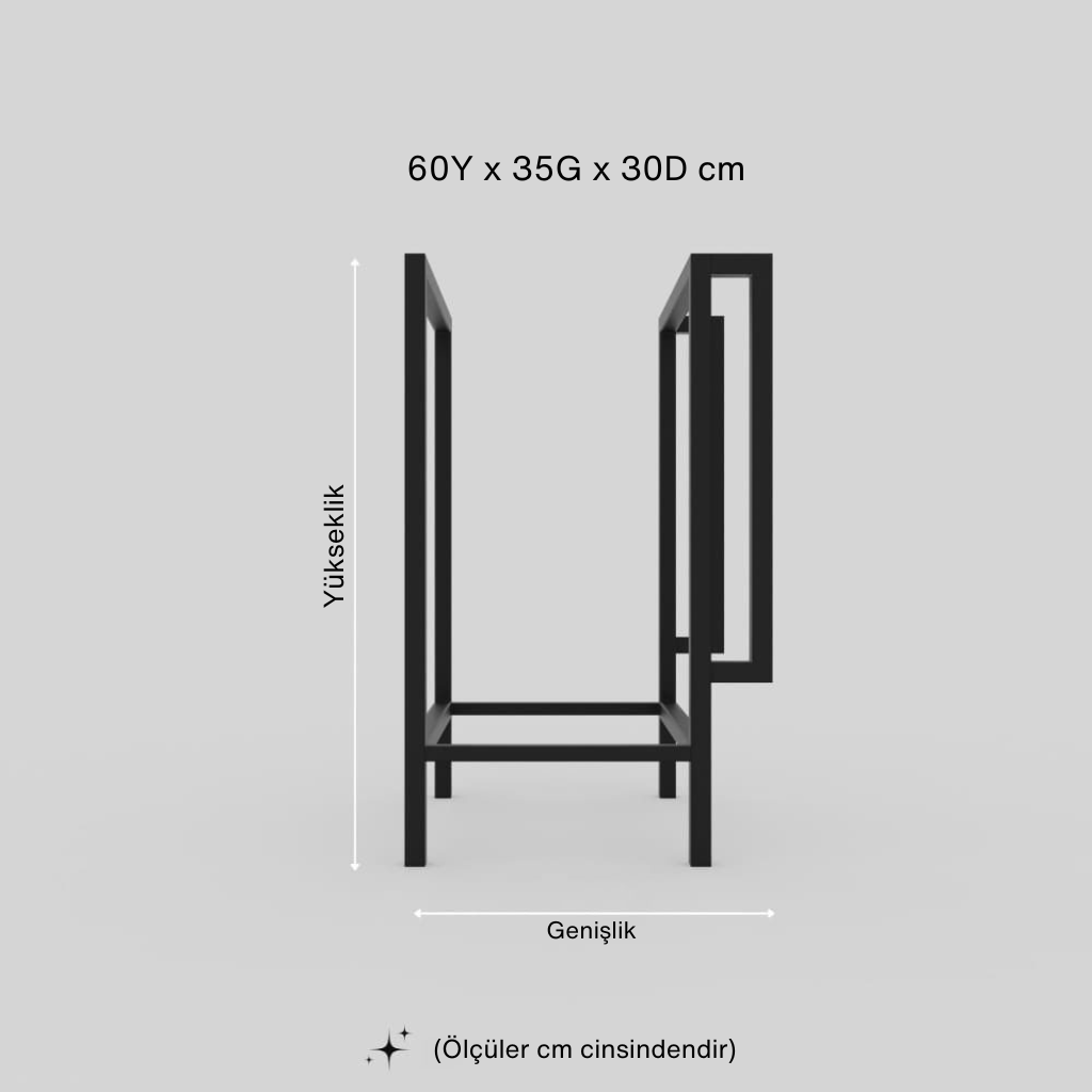 Siyah metal, modern tasarımlı havluluk veya dergi rafının santimetre cinsinden temel ölçülerini (Yükseklik: 60 cm, Genişlik: 35 cm, Derinlik: 30 cm) gösteren teknik çizim.