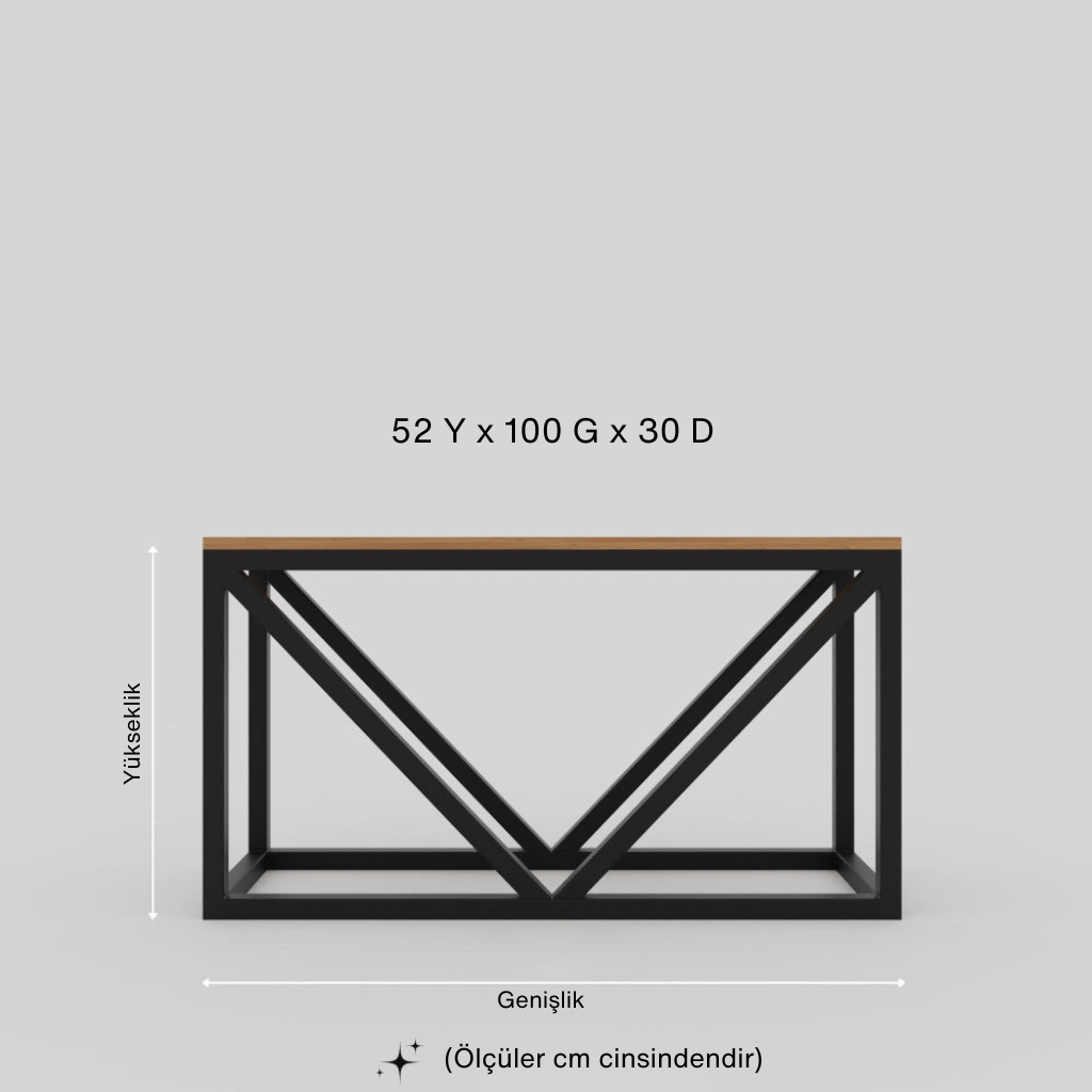 Üstü ahşap görünümlü, metal çerçeveli konsol/sehpa tarzı ürünün ölçü çizimi. V-destekli şık tasarım. Cm cinsinden boyutları: 52 Yükseklik x 100 Genişlik x 30 Derinlik.
