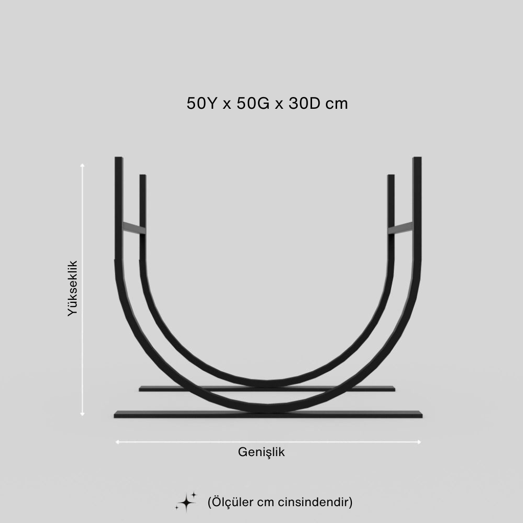 Siyah metal, modern tasarımlı, U şekilli odunluk veya dergi rafının santimetre cinsinden temel ölçülerini (Yükseklik: 50 cm, Genişlik: 50 cm, Derinlik: 30 cm) gösteren teknik çizim.