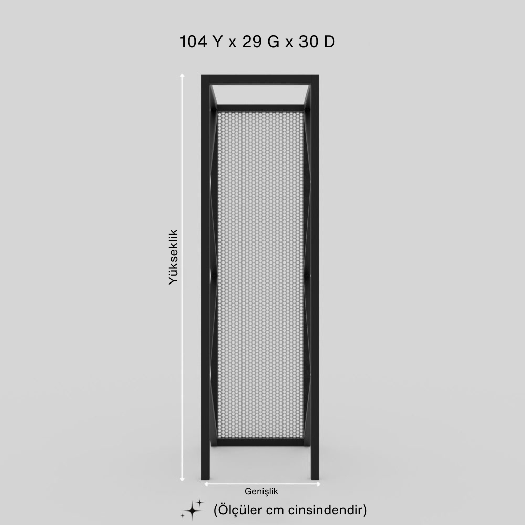 Siyah metal dekoratif odunluk rafının boyut çizimi. Ürünün cm cinsinden ölçüleri belirtilmiştir: 104 Yükseklik x 29 Genişlik x 30 Derinlik
